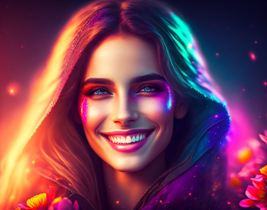 Vibrant neon lighting woman with glowing smile and sparkling makeup