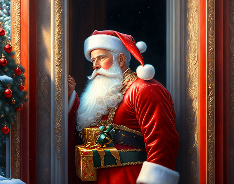 Festive Santa Claus with gift at window, Christmas tree visible