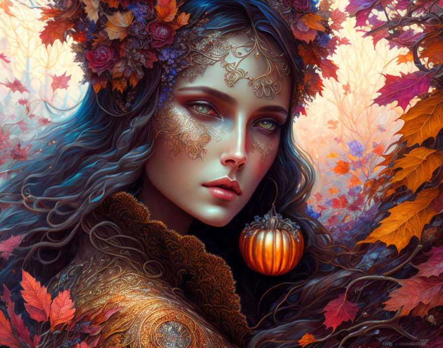 Fantasy portrait of a woman with blue skin, golden tattoos, fall leaf crown, holding a pumpkin