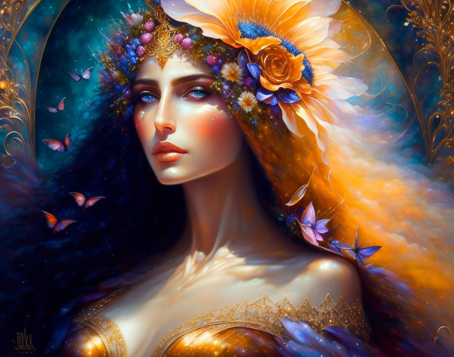 Woman with Blue Hair and Floral Crown Surrounded by Butterflies on Golden Background