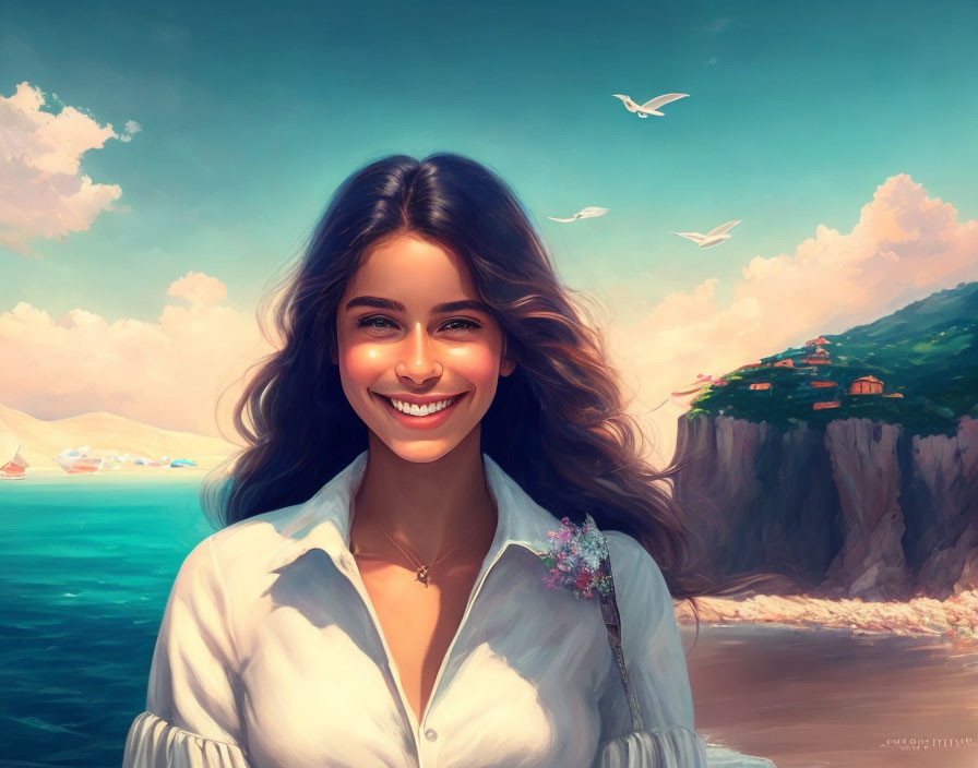 Smiling woman in white shirt with flower, coastal backdrop with cliffs, sea, and birds