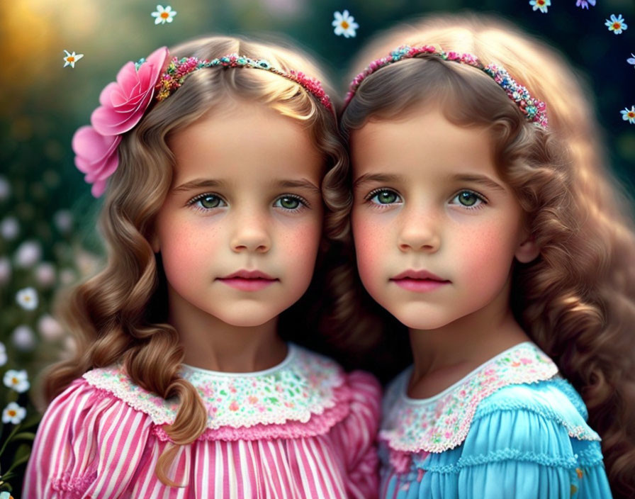 Two young girls in flower headbands and dresses among flowers