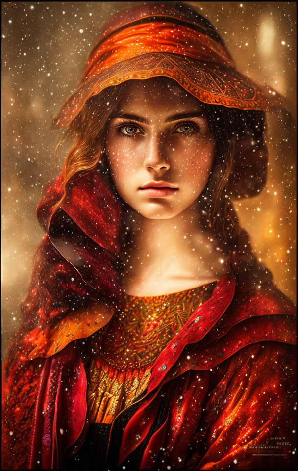 Young woman with blue eyes in red cloak and golden headscarf in snowfall.