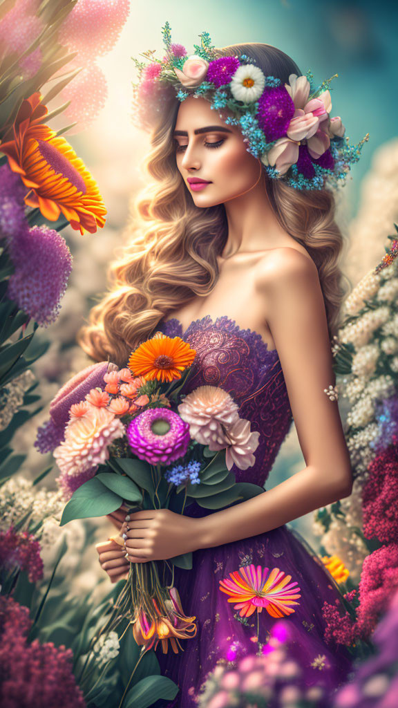 Floral Crown Woman Surrounded by Vibrant Blooms