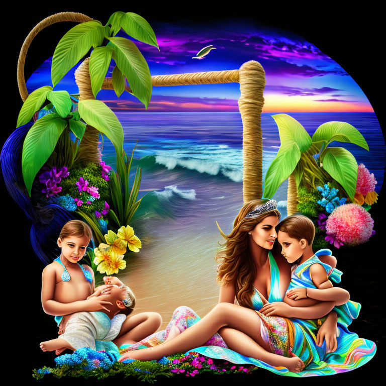 Illustration: Woman and children on tropical beach at sunset