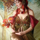 Elegant woman in floral headpiece and ornate gown against soft light and foliage