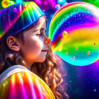 Colorfully dressed girl captivated by vibrant iridescent bubble