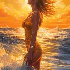 Woman with flowing hair in sea at sunset with full moon and distant plane.