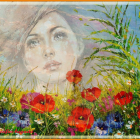 Contemplative woman's face in vibrant wildflower field under dramatic sky