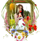 Floral headpiece woman in golden mirror with vibrant flowers