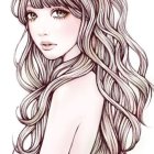 Illustration of girl with long wavy hair and gentle eyes in soft palette