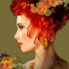 Profile portrait of woman with autumn leaf crown in warm red and orange hues