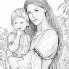 Monochromatic illustration of serene woman with child and floral accents