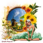 Digital art: Woman with sunflowers in circular frame on blue sky backdrop