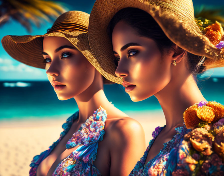 Two women in stylish hats and floral outfits at the beach embodying summer elegance.