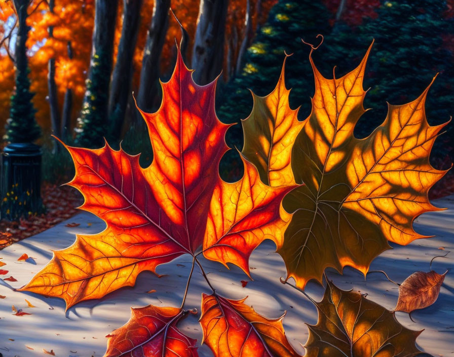 Colorful Backlit Autumn Leaves in Red and Gold Hues