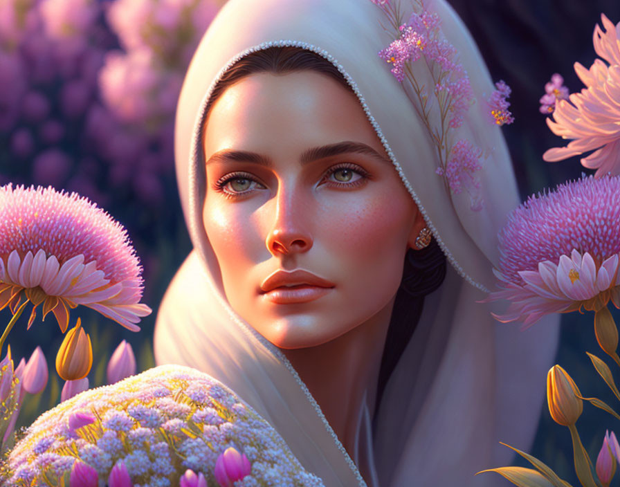 Woman with White Headscarf Surrounded by Pink Flowers & Foliage