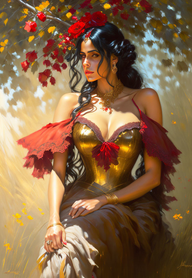 Dark-haired woman with red flower hair accessory in golden corset and red shawl, against floral backdrop