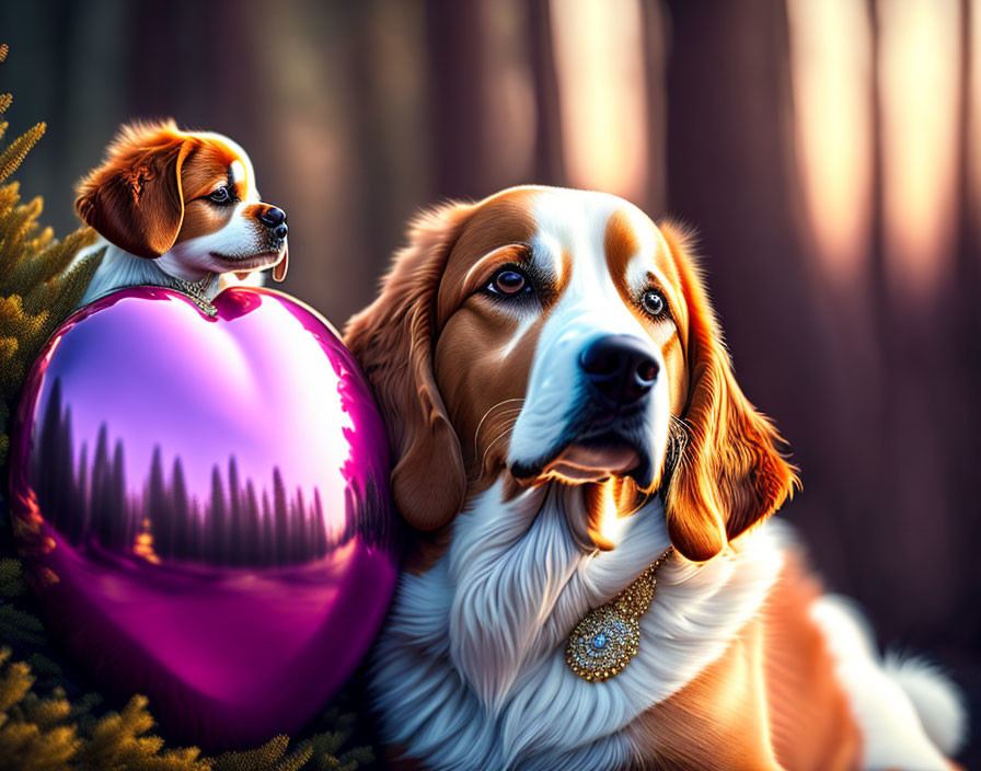 Two dogs with heart balloon in forest scene