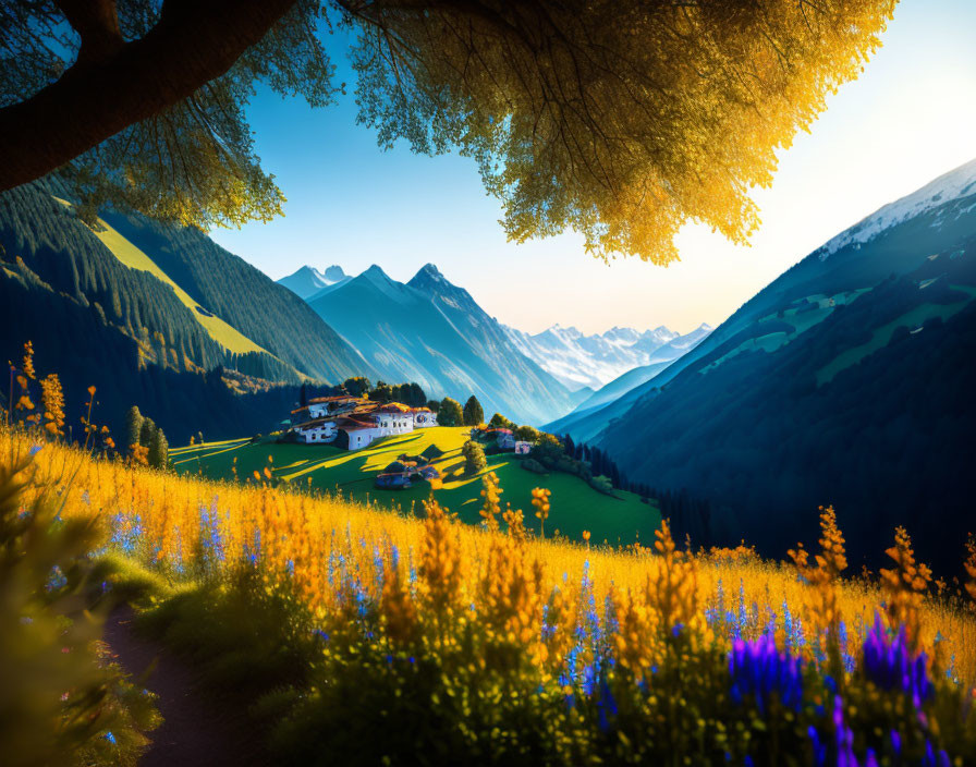 Scenic landscape with vibrant wildflowers, house, mountains, and blue sky