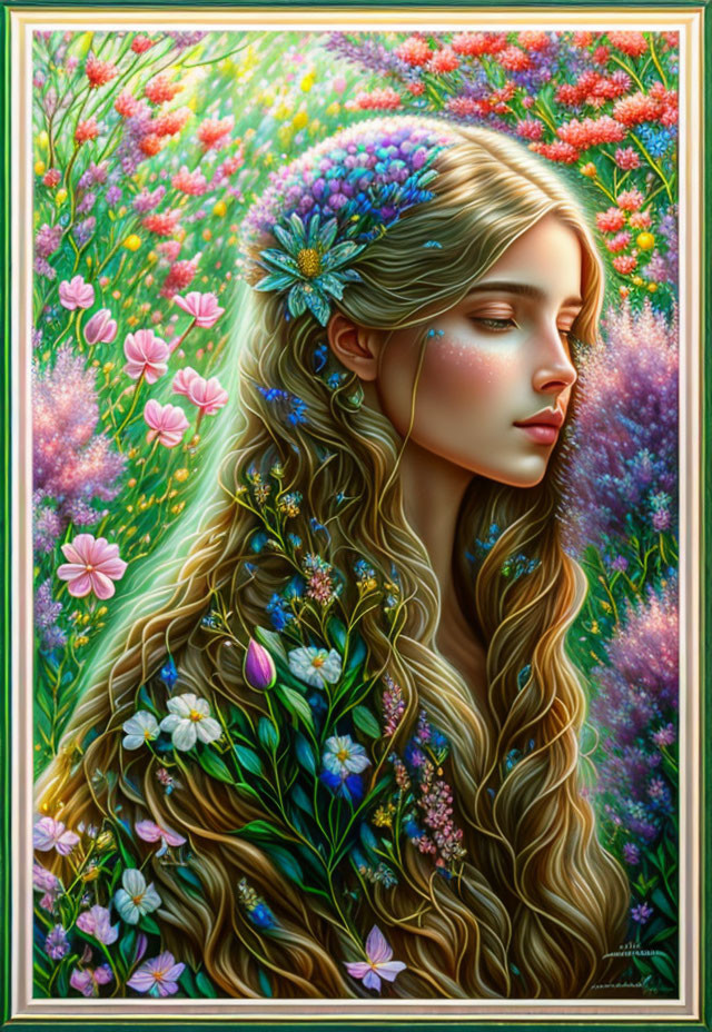 Vibrant flower-adorned woman in lush garden landscape