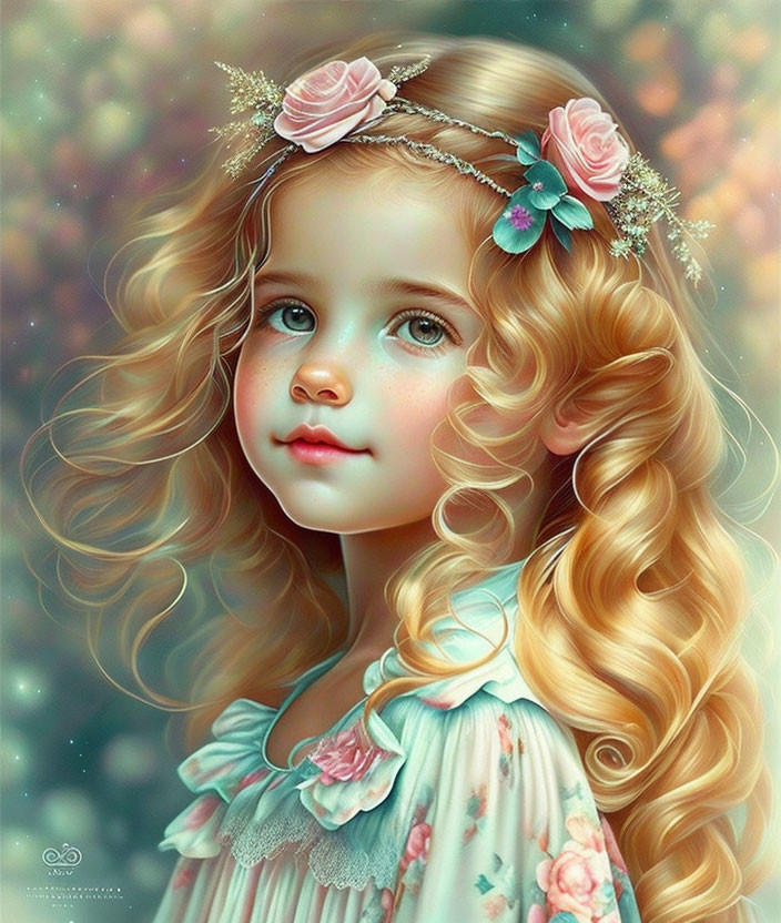 Blonde Curly-Haired Girl Portrait with Floral Headband and Pastoral Background