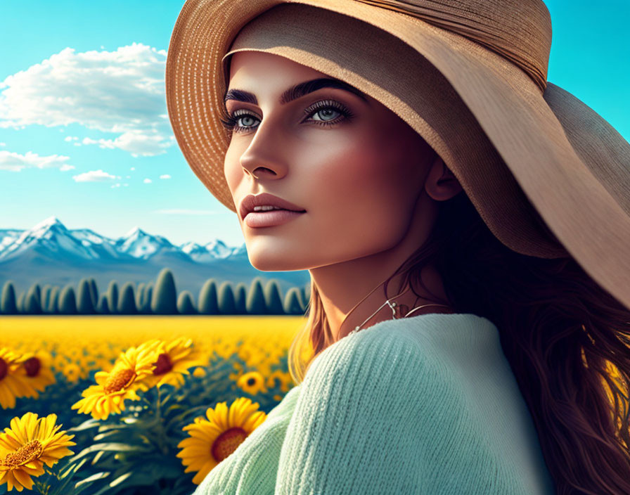 Woman in wide-brimmed hat in sunflower field with mountains and blue sky