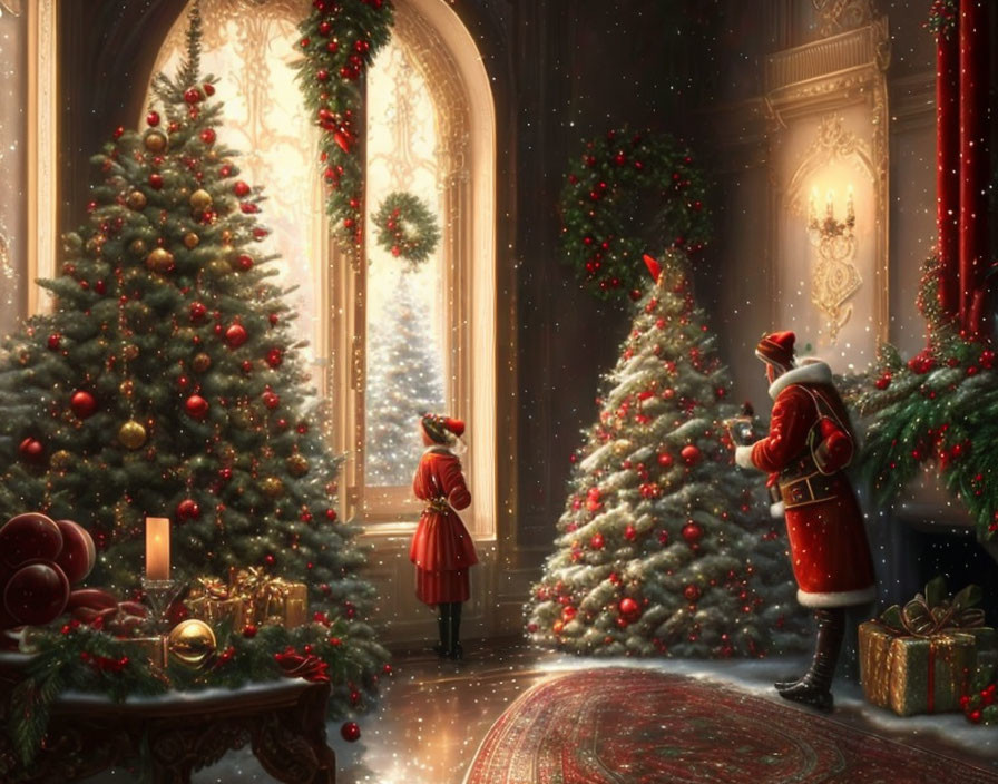 Festive room with Christmas trees, Santa costume, child by snowy window