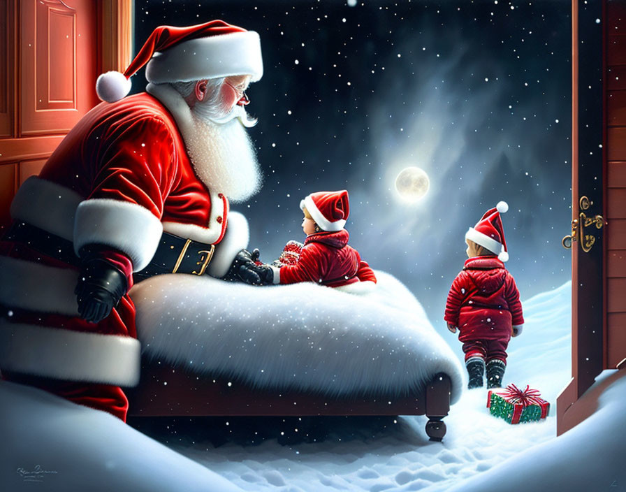 Santa Claus with children and gift on snowy night doorstep