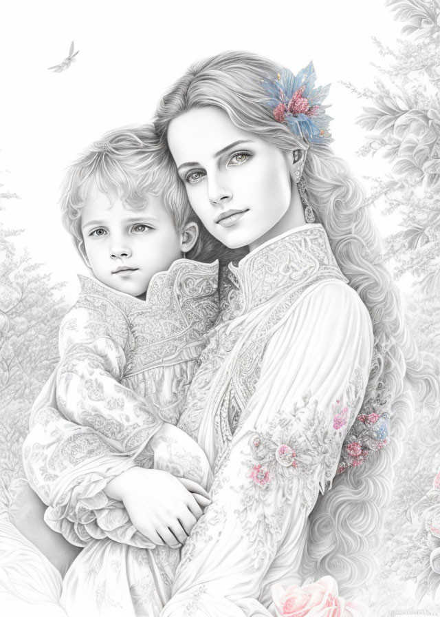 Monochromatic illustration of serene woman with child and floral accents