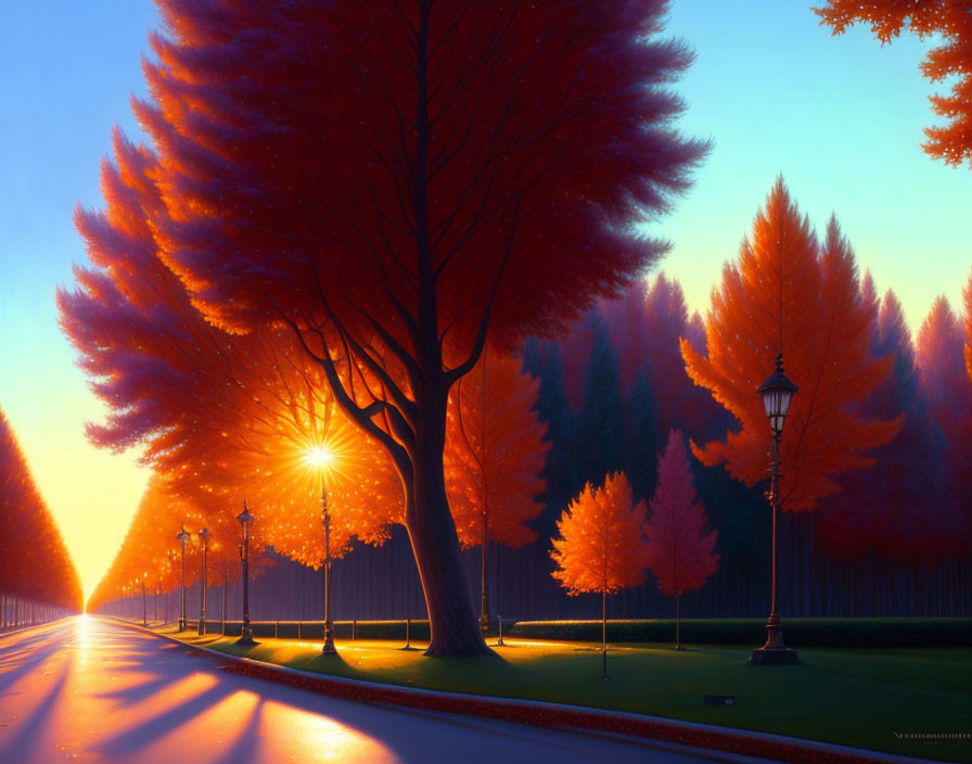 Vivid autumn landscape with orange trees, path, street lamp, and sunlight casting shadows