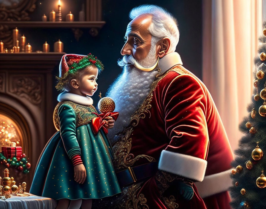 Santa Claus admiring child with bauble near Christmas tree and fireplace