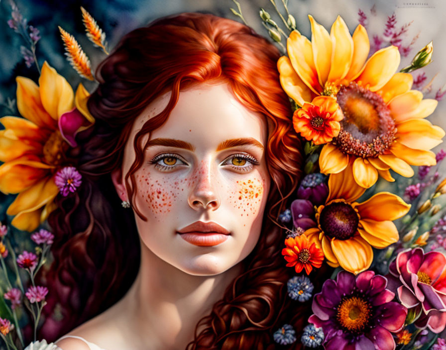 Digital portrait: Woman with red hair, freckles, green eyes, vibrant flowers