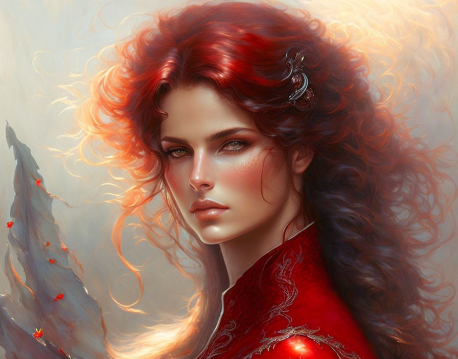 Woman with Curly Red Hair, Green Eyes, Red Cloak & Butterflies