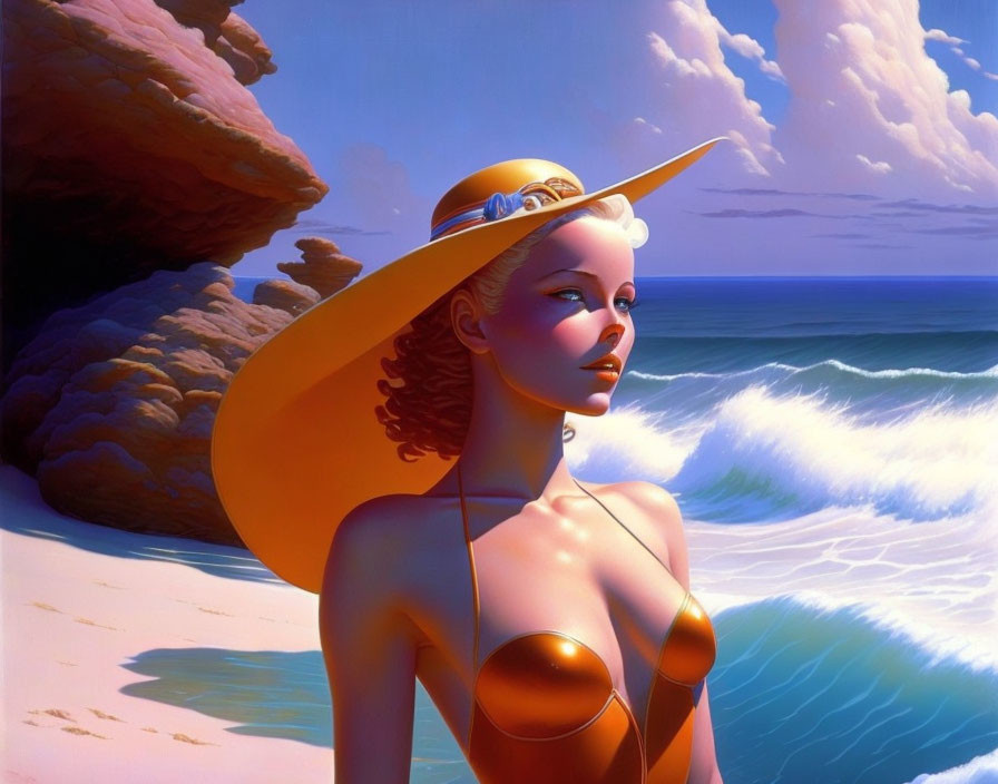 Stylized illustration of woman in wide-brimmed hat and metallic swimwear by rocky cliffs and