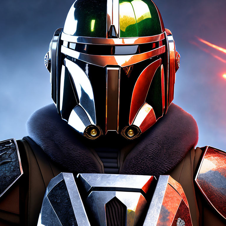 Detailed Mandalorian helmet with reflective visor and green and red armor on fiery backdrop