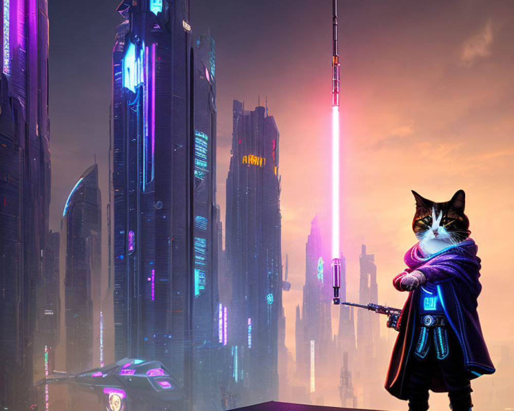 Futuristic warrior cat with pink sword in neon cityscape