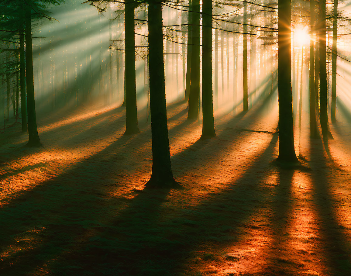 Morning sunbeams in misty forest, casting shadows and illuminating woodland floor