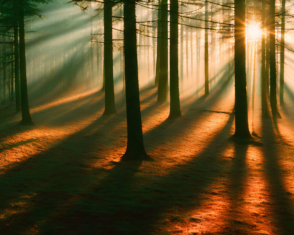 Morning sunbeams in misty forest, casting shadows and illuminating woodland floor