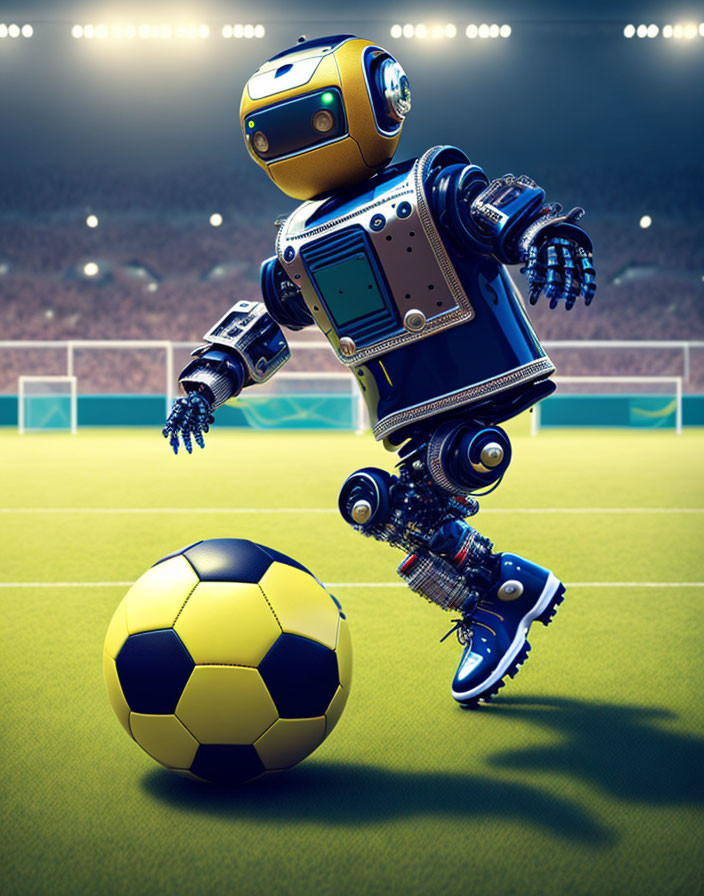 Humanoid robot kicking soccer ball on grass field with screen face
