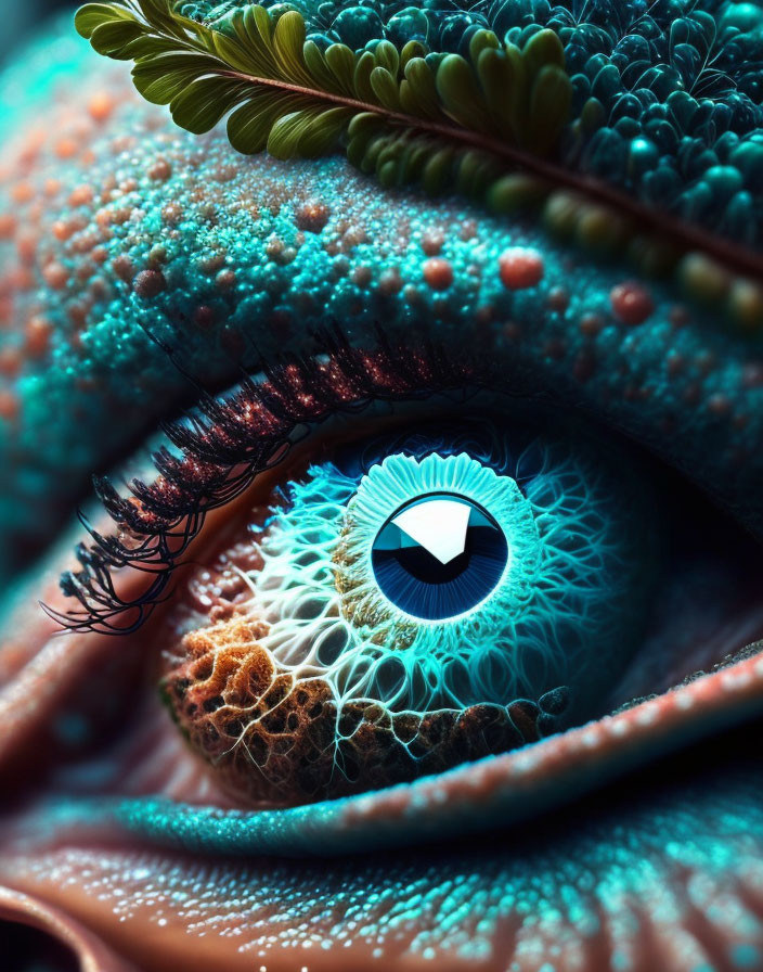 Highly stylized colorful human eye with turquoise and coral hues