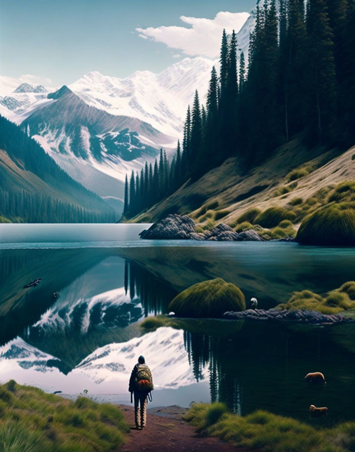 Person with backpack walking by tranquil lake with mountain and tree reflections, accompanied by dogs