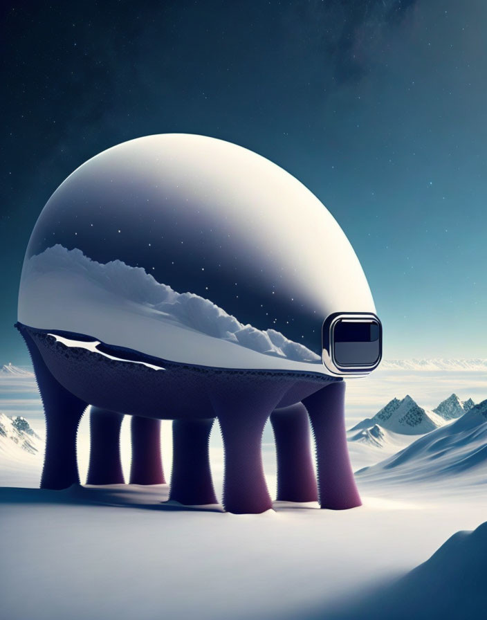 Surreal illustration of domed structure on snowy terrain