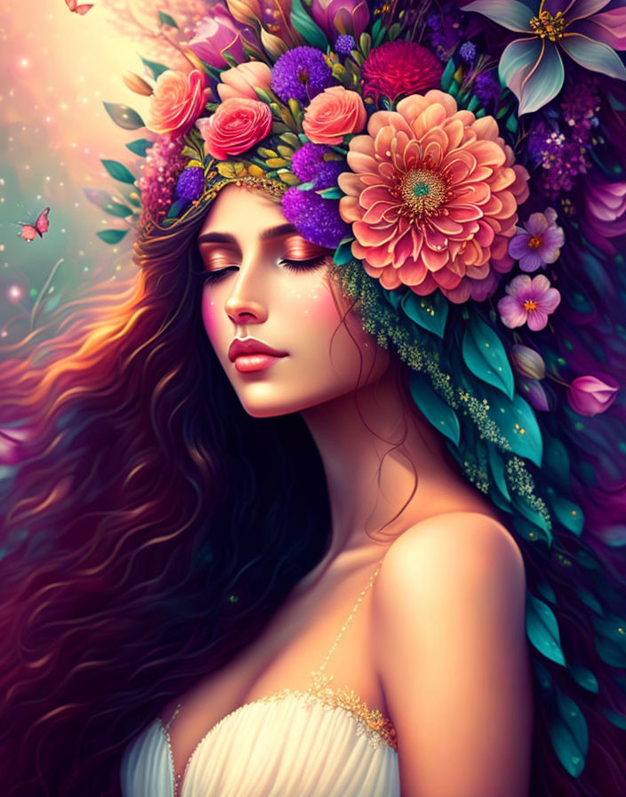 Dreamy woman with floral wreath and butterflies in colorful illustration