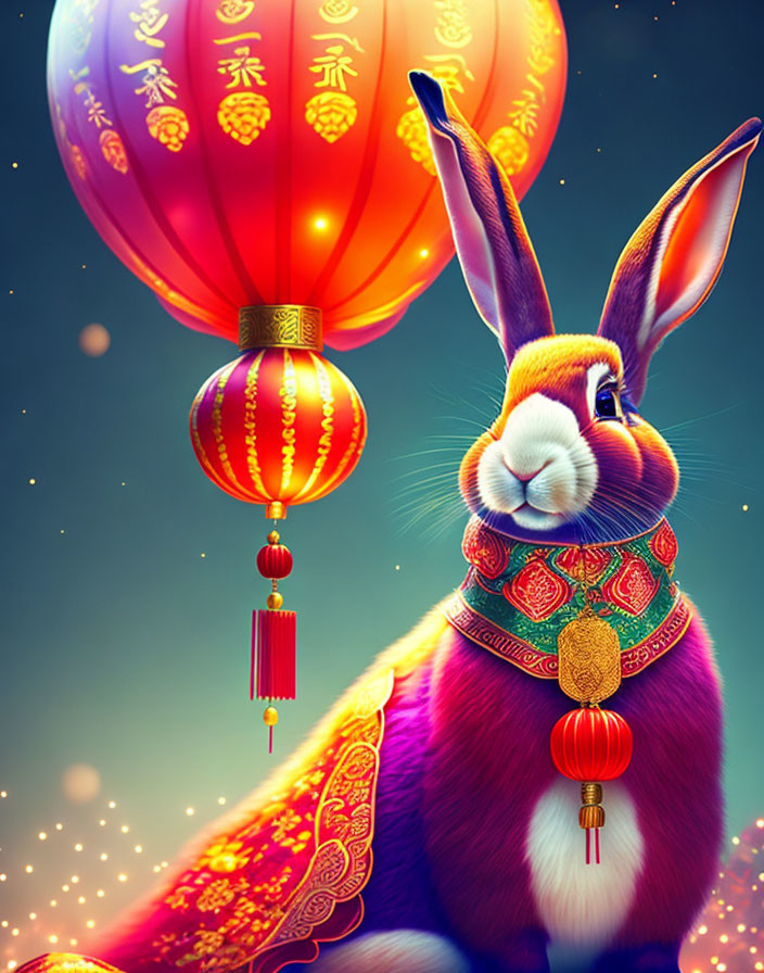 Colorful digital art: Vibrant rabbit in traditional attire with Chinese lanterns on starry night.