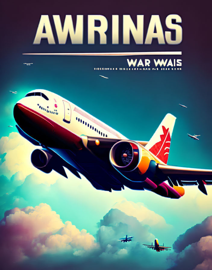 Stylized poster of ascending airplane with dramatic sky and distant planes