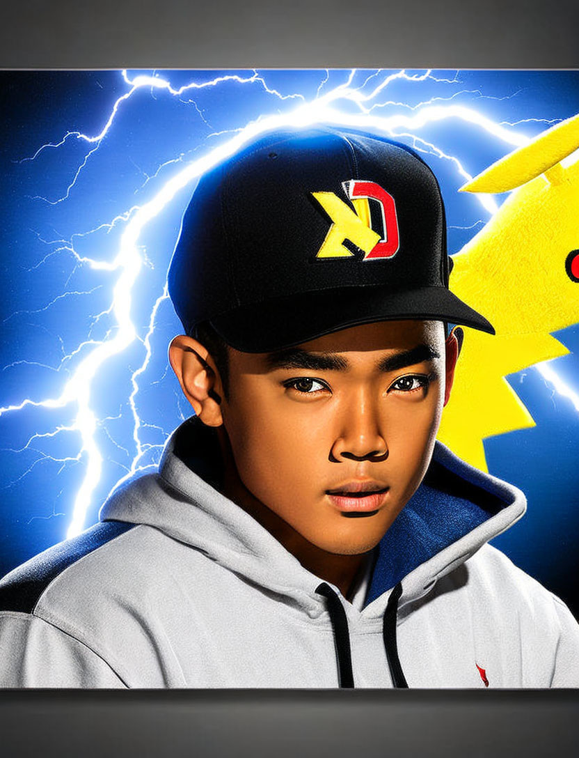 Young person in black cap with "N" logo and grey hoodie against yellow lightning bolts.