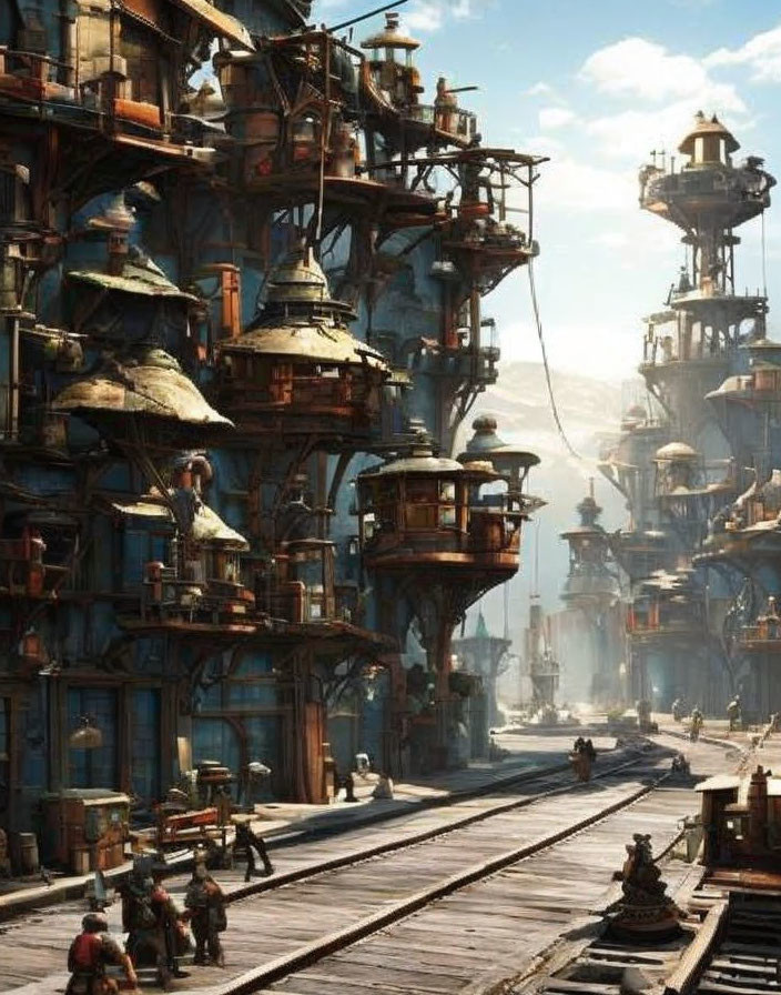 Detailed Steampunk Cityscape with Wooden Buildings and Pedestrians