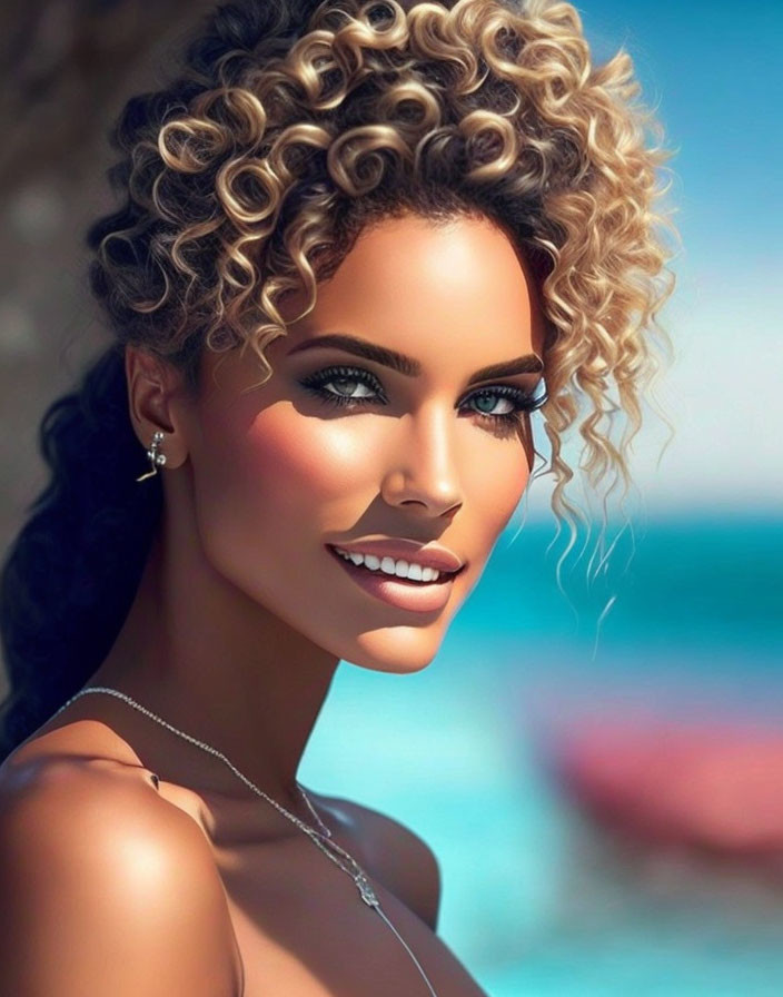 Blonde woman with curly hair and ocean background.