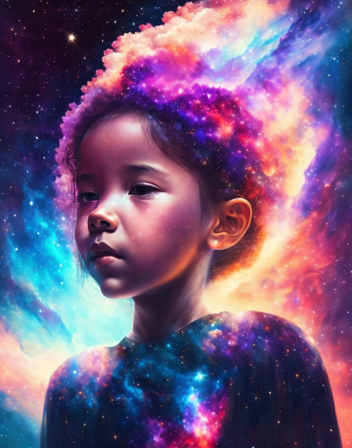 Young girl with cosmic aura in vibrant nebula setting